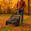 Ruční sběrač listí a trávy s nastavitelnou rukojetí, fungující na principu rotačního mechanismu, s nádobou o objemu 100 l a držákem pro upevnění na zeď