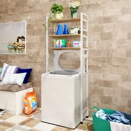 Elite Home® 3-poschodová kovová kúpeľňová polica s drevenými policami nad práčkou s horným plnením, biela - 182 cm