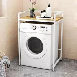Elite Home® pevná kovová kúpeľňová polička s drevenou policou nad práčkou, biela - 110 cm