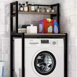 Elite Home® 2-úrovňová pevná kovová kúpeľňová polica s drevenými policami nad práčku, čierna - 152 cm