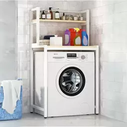 Elite Home® 2-úrovňová pevná kovová kúpeľňová polica s drevenými policami nad práčku, biela - 152 cm