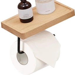 Vertikálny držiak toaletného papiera Elite Home® s držiakom na telefón, svetlý buk a matná čierna oceľ