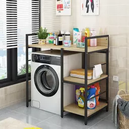 Elite Home® 3-úrovňová pevná kovová kúpeľňová polica s drevenými policami nad práčku, čierna - výška 110 cm