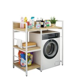 Elite Home® 3-úrovňová pevná kovová kúpeľňová polička s drevenými policami nad práčku, biela - výška 110 cm