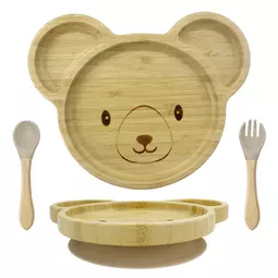 Elite Home® bambusový tanier v tvare medvedíka s prísavkou, detský príbor so silikónovou lyžičkou a vidličkou, sada 3 kusov