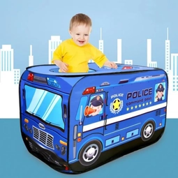 Detský stan na hranie so vzorom policajného auta, textilný nosič, 112x70x75 cm, modrý