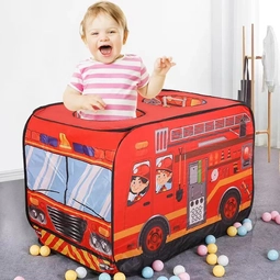 Detský stan na hranie s dizajnom hasičského auta, textilný nosič, 112x70x75 cm, červený