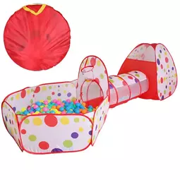 Skladací stan na hranie pre deti s tunelom, s loptičkovým ihriskom, 270x120x90 cm, bodky, červená farba