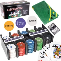 Pokerová súprava Texas Hold&#039;Em, kovová krabička, 200 žetónov, 2 balíčky kariet, podložka na stôl