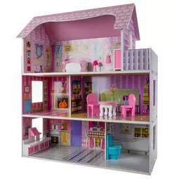 3-úrovňový drevený domček pre bábiky s farebnými stenami a nábytkom, rozmery 62 × 27 × 70 cm