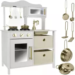 Drevená kuchynka na hranie s LED osvetlením a príslušenstvom, rozmery 59,5 × 19,5 × 87 cm, biela, béžová a zlatá
