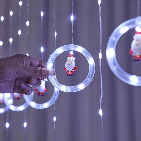 Vianočná LED svetelná reťaz s guľami, obrúčkami, Mikuláš, studená biela, 3m