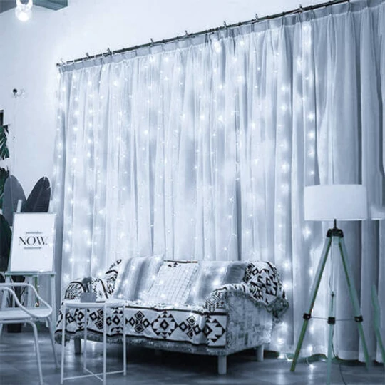 LED svetelný záves 2x2 m s 8 programami, vnútorný a vonkajší, nastaviteľný - studená biela
