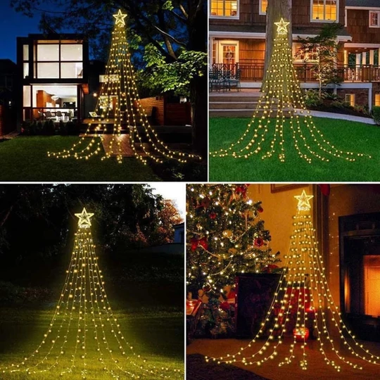 Vianočný  sveteľný vodopád s hviezdou, 8 programový, 360 LED, teplá biela