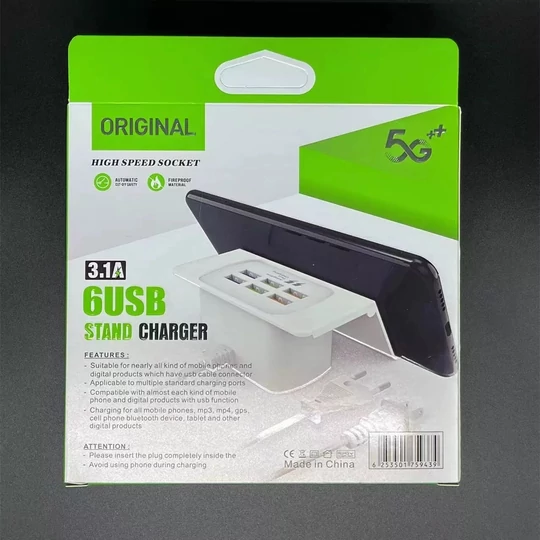 USB rýchlonabíjacia stanica so 6 zásuvkami a držiakom na telefón, 3,1A