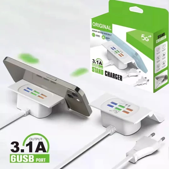USB rýchlonabíjacia stanica so 6 zásuvkami a držiakom na telefón, 3,1A