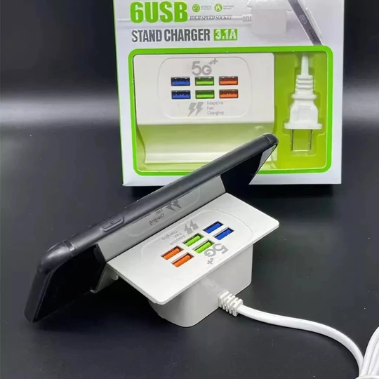 USB rýchlonabíjacia stanica so 6 zásuvkami a držiakom na telefón, 3,1A