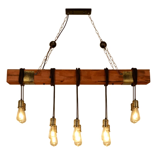 Veľká drevená závesná lampa v štýle Loft s 10 LED žiarovkami a kovaním - 120 cm