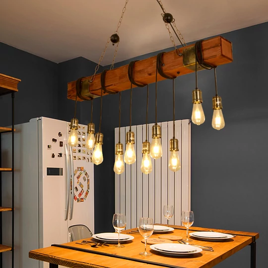 Veľká drevená závesná lampa v štýle Loft s 10 LED žiarovkami a kovaním - 120 cm