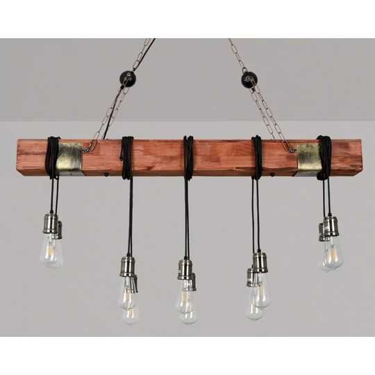 Veľká drevená závesná lampa v štýle Loft s 10 LED žiarovkami a kovaním - 120 cm