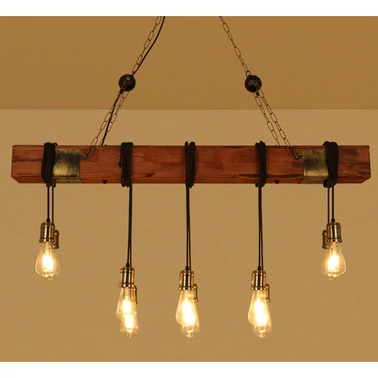 Veľká drevená závesná lampa v štýle Loft s 10 LED žiarovkami a kovaním - 120 cm