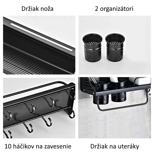 Nástenná kovová polica do kuchyne s praktickým držiakom na nože, organizérom a 10 vešiakmi (71 cm)