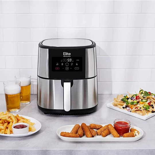 Fritéza Elite® 8 l + kniha receptov, 1800W teplovzdušná fritéza bez oleja s digitálnym displejom, elegantný kryt z nehrdzavejúcej ocele