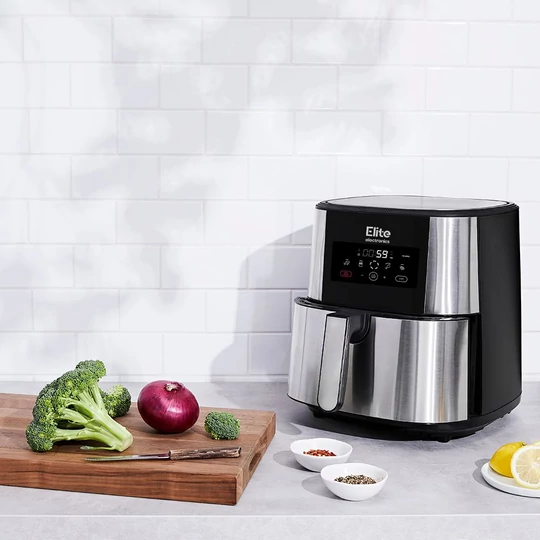 Fritéza Elite® 8 l + kniha receptov, 1800W teplovzdušná fritéza bez oleja s digitálnym displejom, elegantný kryt z nehrdzavejúcej ocele