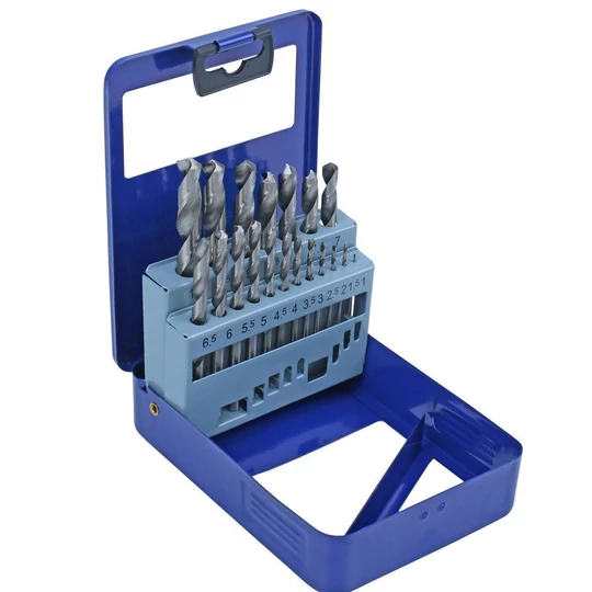 19-dielna súprava kovových vrtákov v kovovej škatuli s úložným stojanom