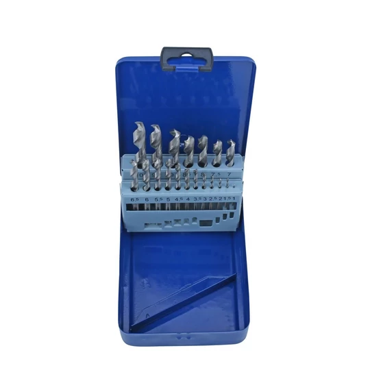 19-dielna súprava kovových vrtákov v kovovej škatuli s úložným stojanom