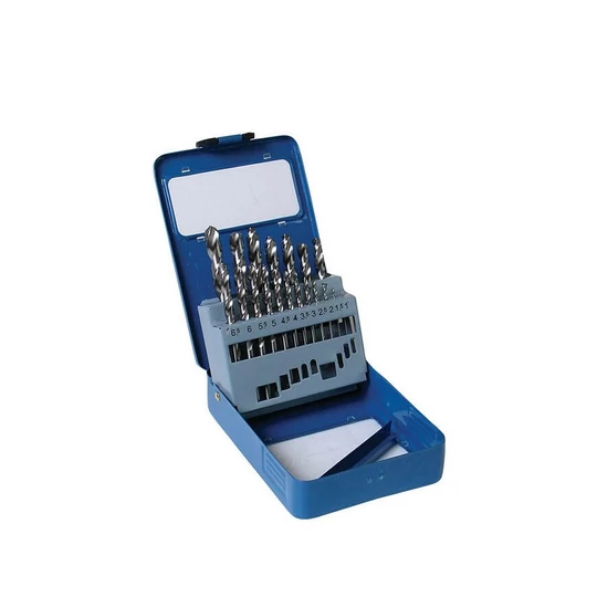 19-dielna súprava kovových vrtákov v kovovej škatuli s úložným stojanom