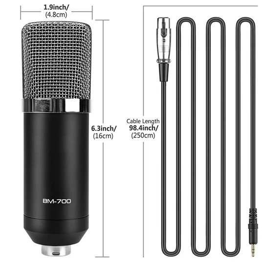 Klasický kondenzátorový mikrofón pre podcasty, s príslušenstvom, so striebornou ochrannou mriežkou