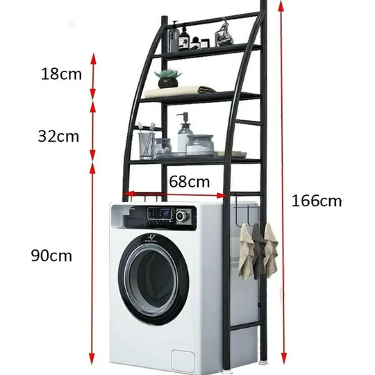 3-úrovňový kovový policový systém, úložný, nad práčkou, 166 cm, čierna (plachta)