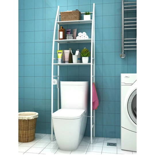 3-úrovňový kovový policový systém, úložný, nad WC, 163 cm, biela (plachta)