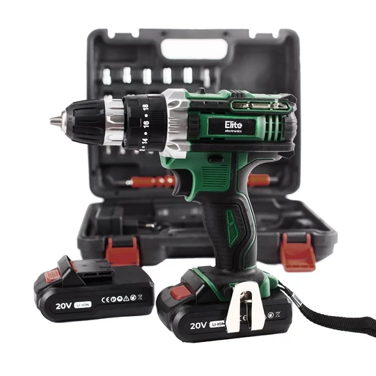 Súprava akumulátorového vŕtacieho kladiva a skrutkovača Elite® s 2 20V Li-ion batériami + 28 príslušenstvom v kufri E-CHD20-28B