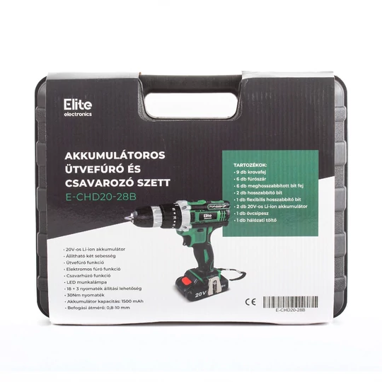 Súprava akumulátorového vŕtacieho kladiva a skrutkovača Elite® s 2 20V Li-ion batériami + 28 príslušenstvom v kufri E-CHD20-28B