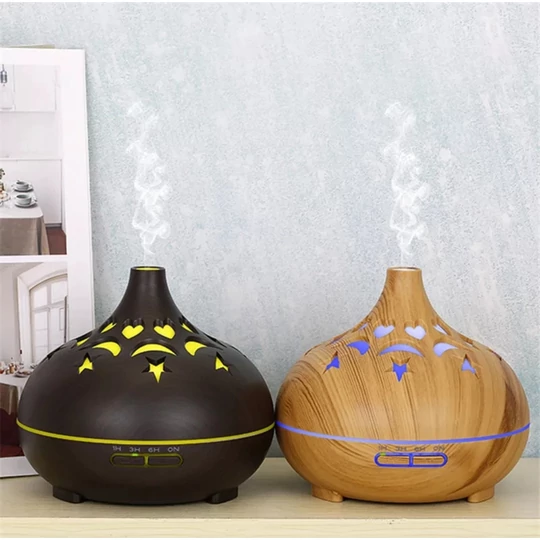 Aromaterapeutický odparovač s efektom dreva, ultrazvukový zvlhčovač vzduchu, difuzér vône s diaľkovým ovládaním - v tvare cibule, tmavý vzor
