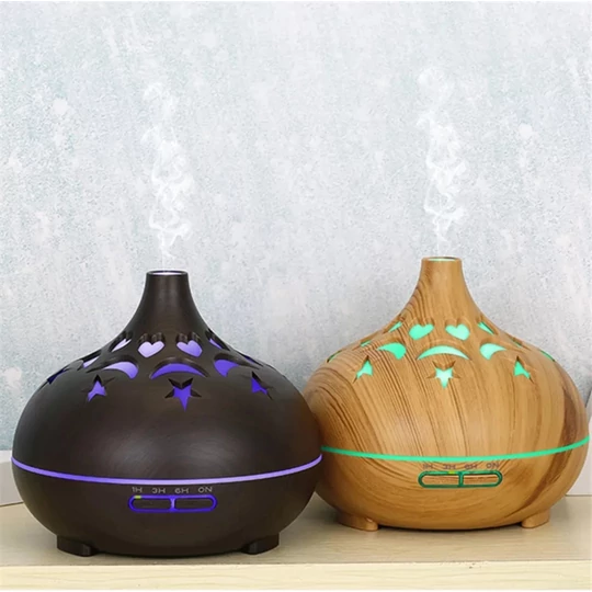 Aromaterapeutický odparovač s efektom dreva, ultrazvukový zvlhčovač vzduchu, difuzér vône s diaľkovým ovládaním - v tvare cibule, tmavý vzor
