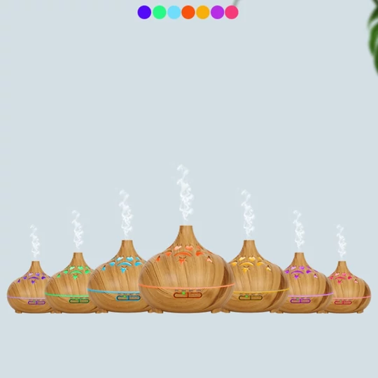 Aromaterapeutický odparovač s efektom dreva, ultrazvukový zvlhčovač vzduchu, difuzér vône s diaľkovým ovládaním - v tvare cibule, tmavý vzor