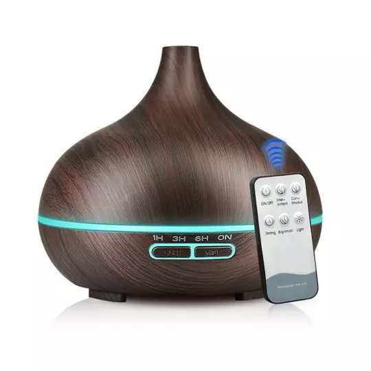 Aromaterapeutický odparovač s efektom dreva s ultrazvukovým zvlhčovačom a vonným diaľkovým ovládaním - cibuľa, tmavé