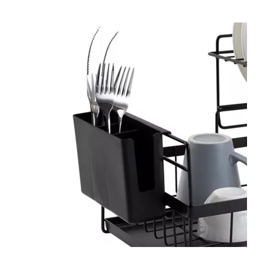 Dvojposchodový kuchynský dehydrátor s kovovým rámom a odkvapkávacou miskou, čierny