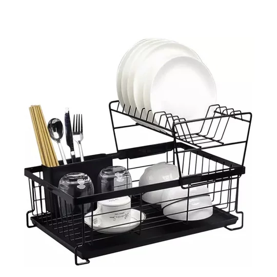 Dvojposchodový kuchynský dehydrátor s kovovým rámom a odkvapkávacou miskou, čierny