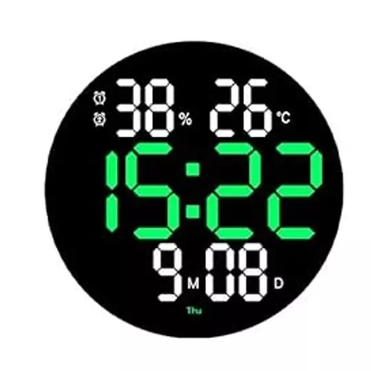 Digitálne nástenné hodiny na batérie, čierne so zeleným číselným displejom