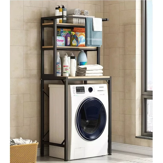 3-stupňový pevný kovový kúpeľňový regálový systém s drevenými policami nad práčkou, čierny - 175 cm