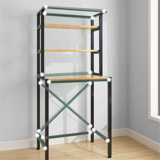 3-stupňový pevný kovový kúpeľňový regálový systém s drevenými policami nad práčkou, čierny - 175 cm