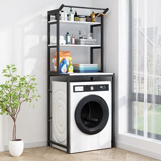 3-stupňový pevný kovový kúpeľňový regálový systém s drevenými policami nad práčkou, čierny - 175 cm