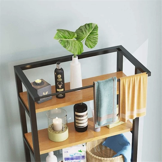 3-stupňový pevný kovový kúpeľňový regálový systém s drevenými policami nad práčkou, čierny - 175 cm