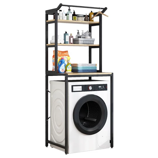 3-stupňový pevný kovový kúpeľňový regálový systém s drevenými policami nad práčkou, čierny - 175 cm