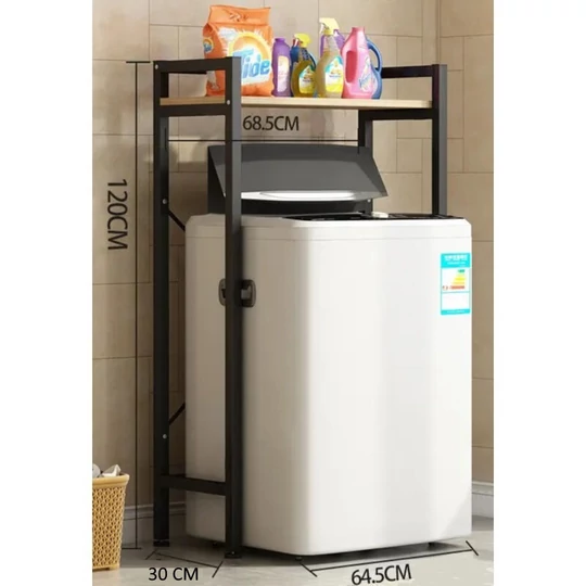 Elite Home® pevná kovová kúpeľňová polička s drevenou policou nad práčkou s horným plnením, čierna - 120 cm