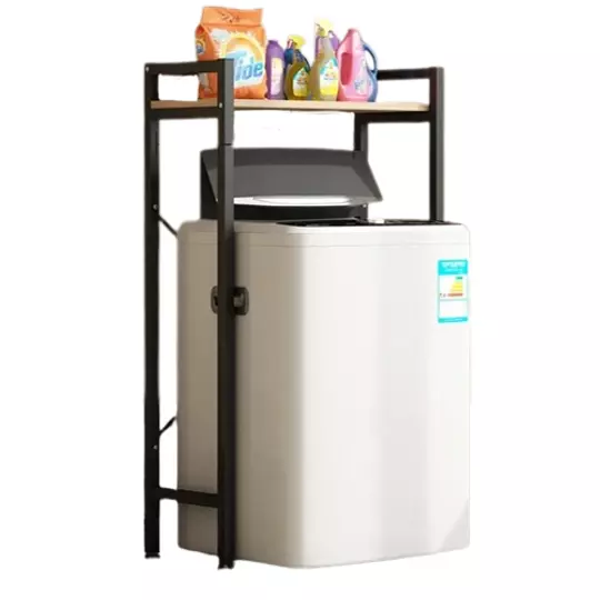 Elite Home® pevná kovová kúpeľňová polička s drevenou policou nad práčkou s horným plnením, čierna - 120 cm